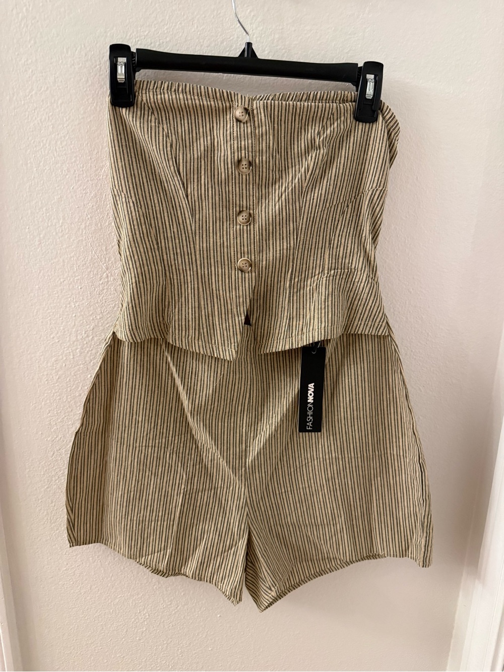 Fashion Nova Beige & Black Pinstripe Romper